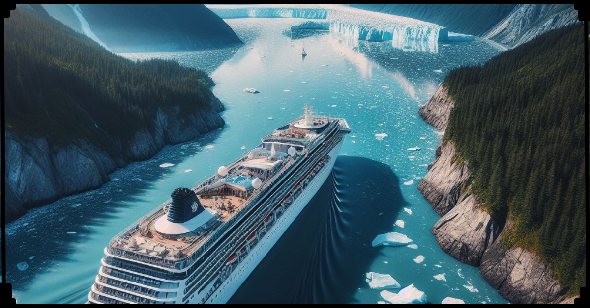 A cruise ship in a body of water surrounded by mountains